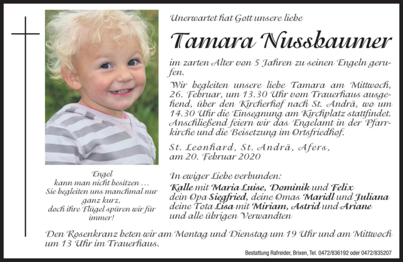  Traueranzeige für Tamara Nussbaumer vom 22.02.2020 aus Dolomiten