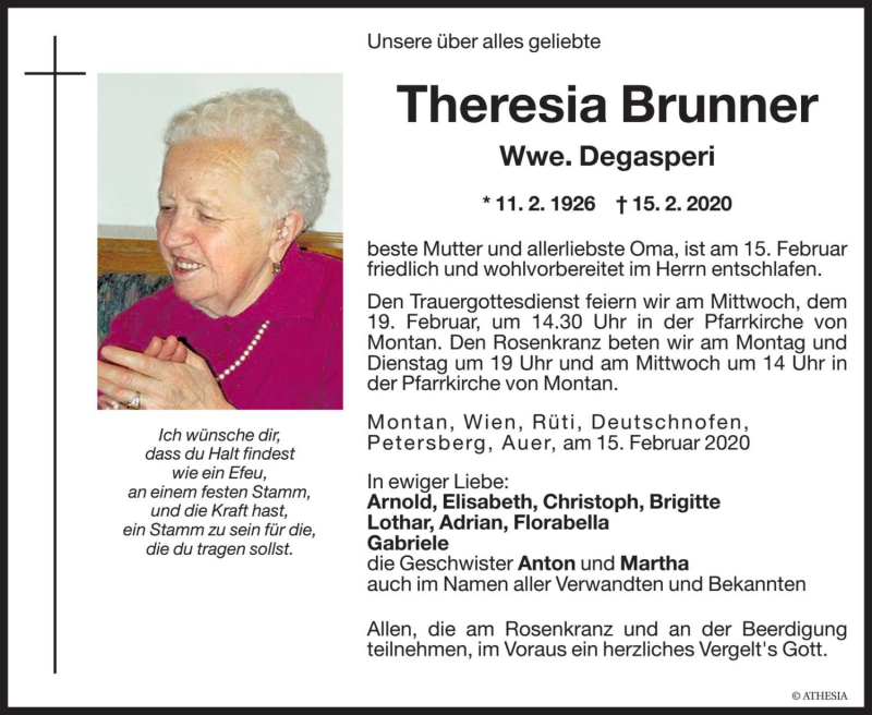  Traueranzeige für Theresia Degasperi vom 17.02.2020 aus Dolomiten