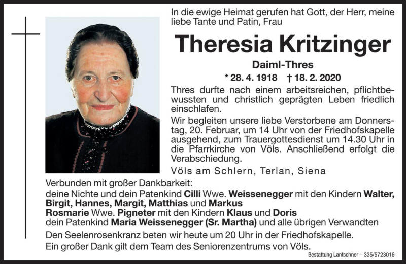  Traueranzeige für Theresia Kritzinger vom 19.02.2020 aus Dolomiten
