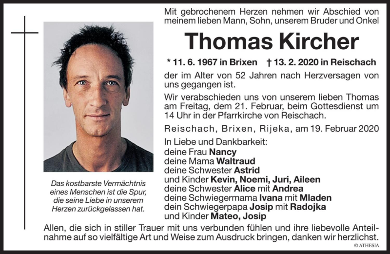  Traueranzeige für Thomas Kircher vom 19.02.2020 aus Dolomiten
