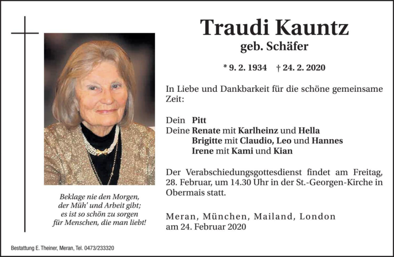  Traueranzeige für Traudi Kauntz vom 26.02.2020 aus Dolomiten