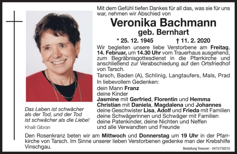  Traueranzeige für Veronika Bachmann vom 12.02.2020 aus Dolomiten