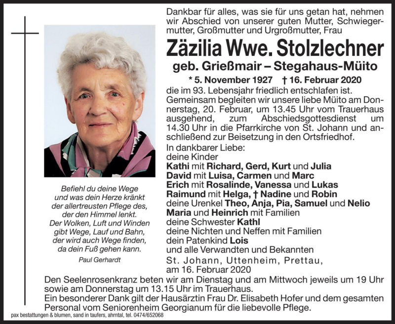  Traueranzeige für Zäzilia Stolzlechner vom 18.02.2020 aus Dolomiten