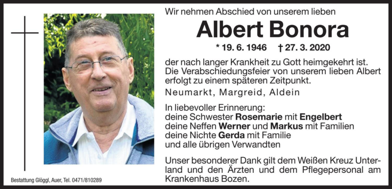  Traueranzeige für Albert Bonora vom 28.03.2020 aus Dolomiten
