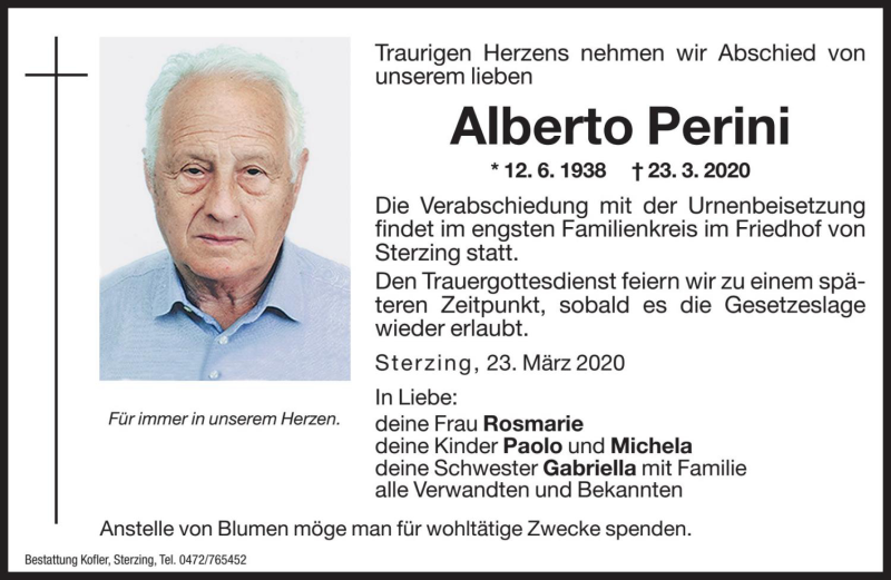  Traueranzeige für Alberto Perini vom 25.03.2020 aus Dolomiten