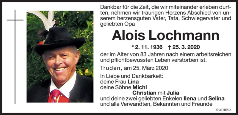  Traueranzeige für Alois Lochmann vom 26.03.2020 aus Dolomiten