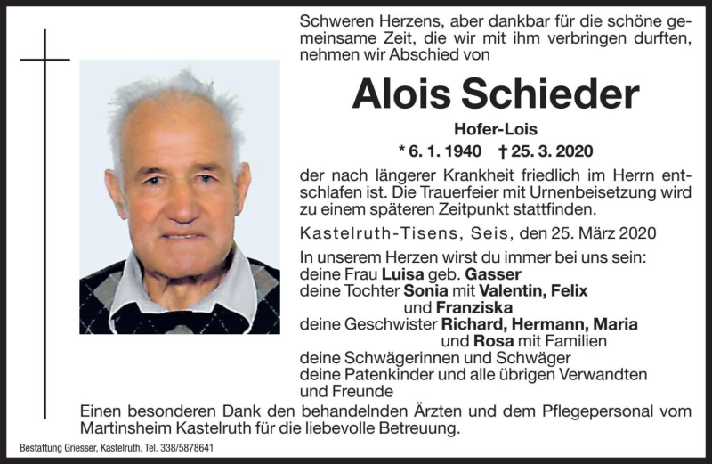 Traueranzeige für Alois Schieder vom 26.03.2020 aus Dolomiten