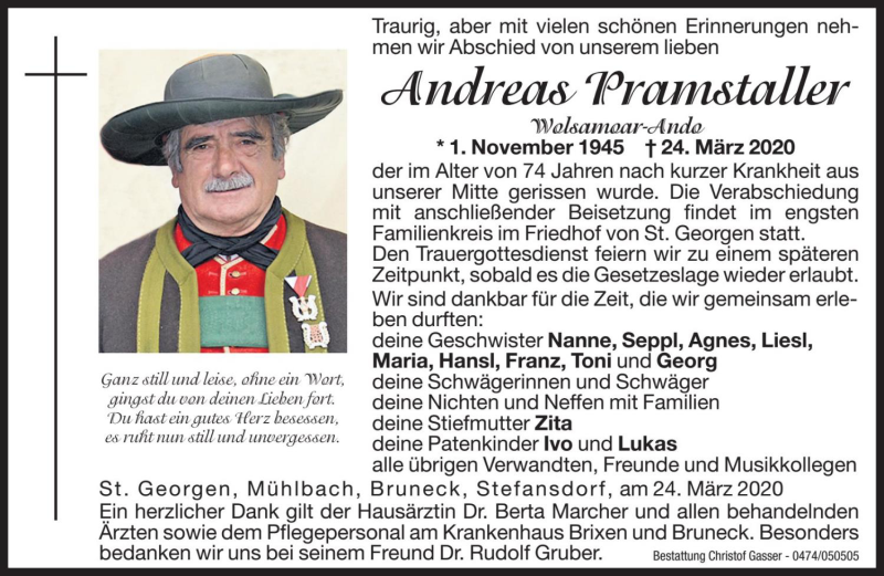  Traueranzeige für Andreas Pramstaller vom 25.03.2020 aus Dolomiten