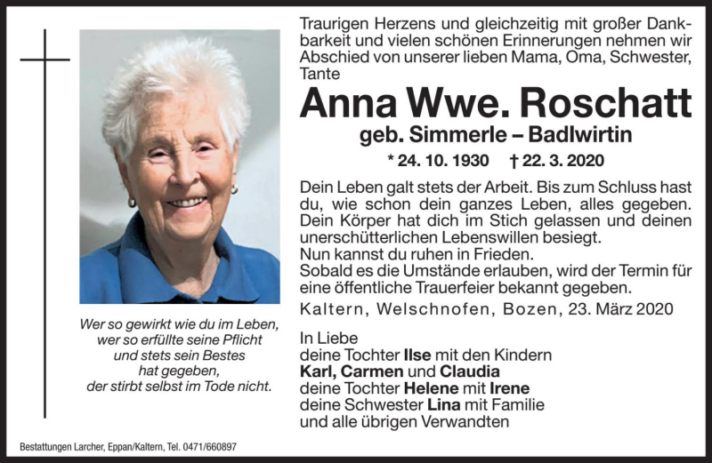  Traueranzeige für Anna Roschatt vom 24.03.2020 aus Dolomiten