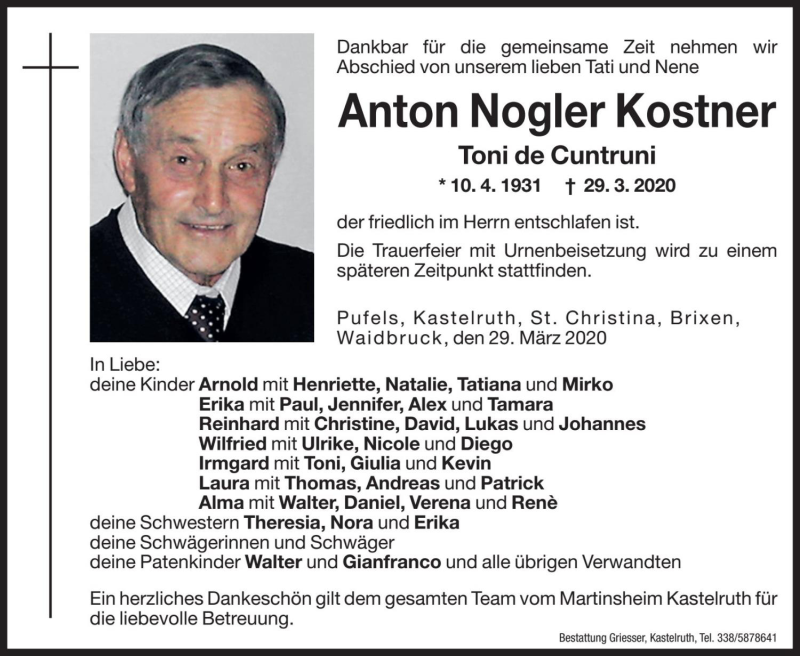  Traueranzeige für Anton Nogler Kostner vom 31.03.2020 aus Dolomiten