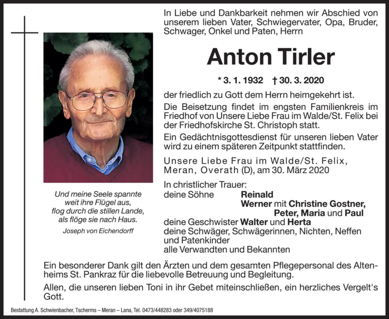  Traueranzeige für Anton Tirler vom 31.03.2020 aus Dolomiten