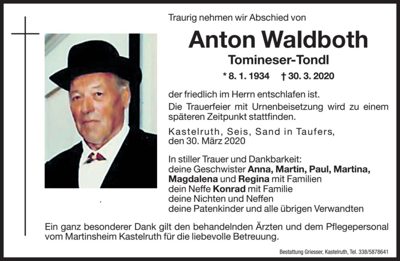  Traueranzeige für Anton Waldboth vom 31.03.2020 aus Dolomiten