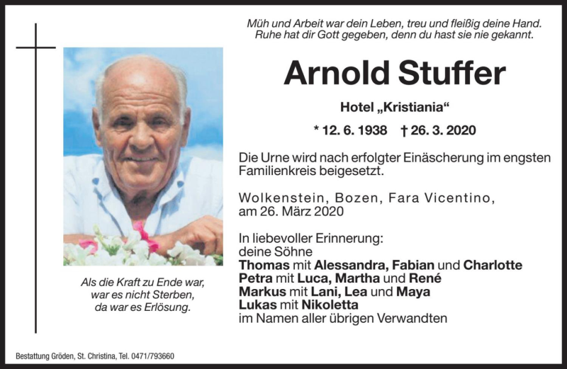  Traueranzeige für Arnold Stuffer vom 28.03.2020 aus Dolomiten