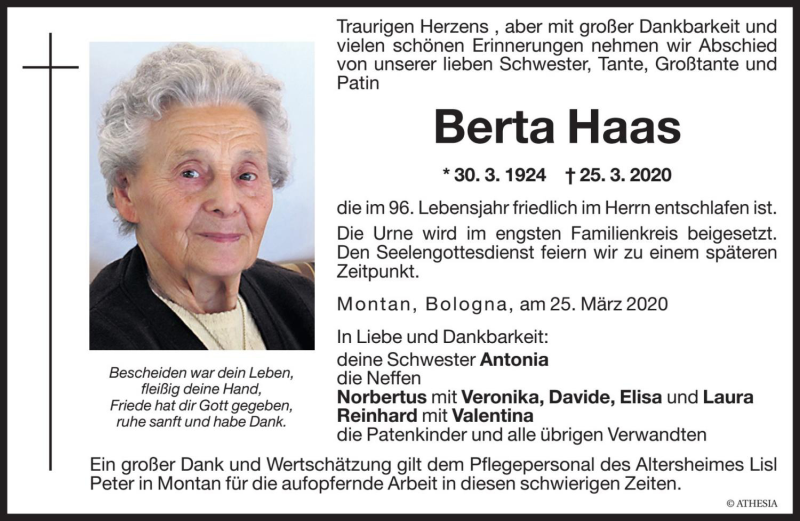  Traueranzeige für Berta Haas vom 26.03.2020 aus Dolomiten