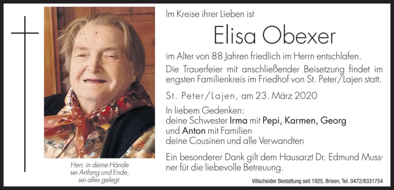  Traueranzeige für Elisa Obexer vom 25.03.2020 aus Dolomiten