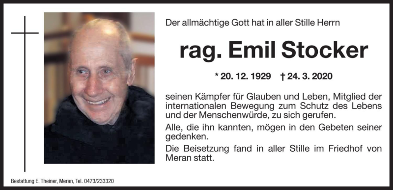  Traueranzeige für Emil Stocker vom 28.03.2020 aus Dolomiten