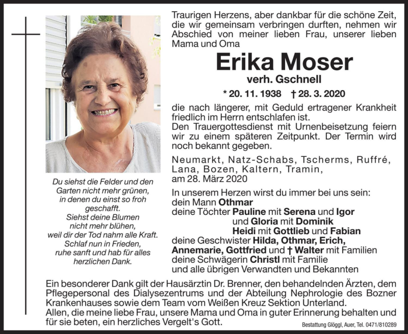  Traueranzeige für Erika Gschnell vom 30.03.2020 aus Dolomiten