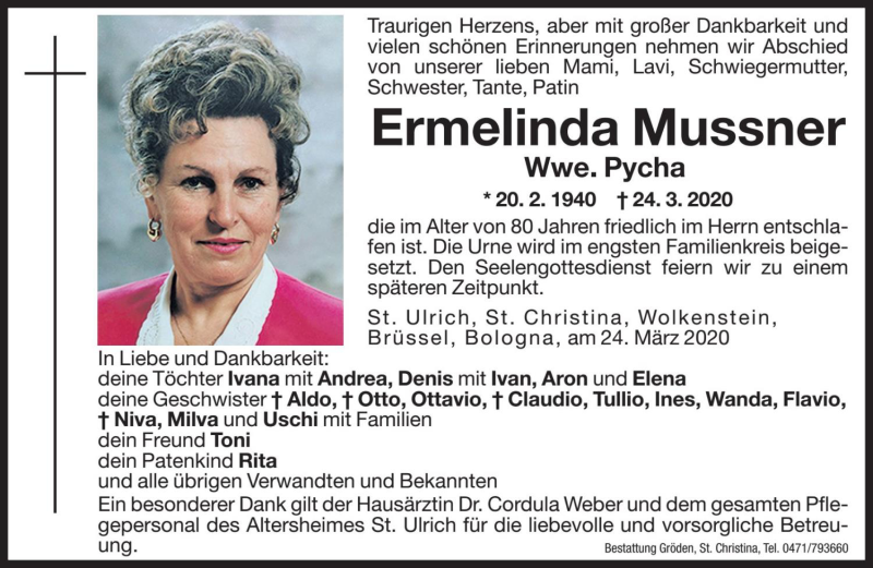  Traueranzeige für Ermelinda Pycha vom 25.03.2020 aus Dolomiten
