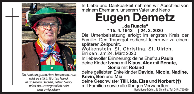  Traueranzeige für Eugen Demetz vom 26.03.2020 aus Dolomiten