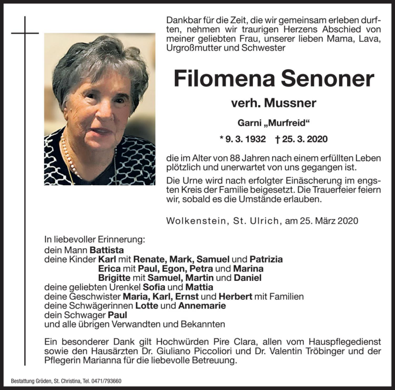  Traueranzeige für Filomena Mussner vom 26.03.2020 aus Dolomiten