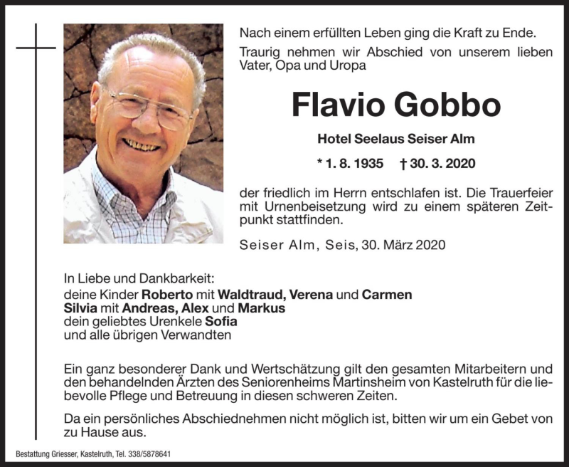  Traueranzeige für Flavio Gobbo vom 31.03.2020 aus Dolomiten