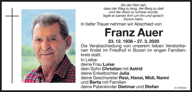  Traueranzeige für Franz Auer vom 30.03.2020 aus Dolomiten