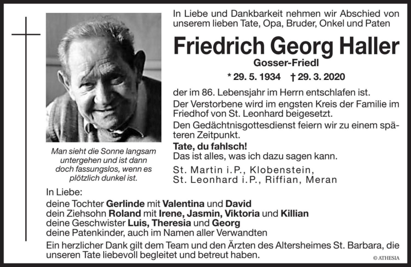  Traueranzeige für Friedrich Haller vom 31.03.2020 aus Dolomiten