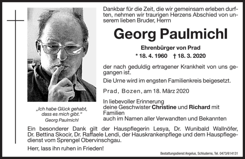  Traueranzeige für Georg Paulmichl vom 20.03.2020 aus Dolomiten