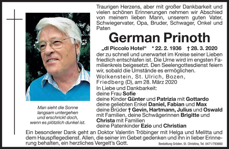  Traueranzeige für German Prinoth vom 30.03.2020 aus Dolomiten