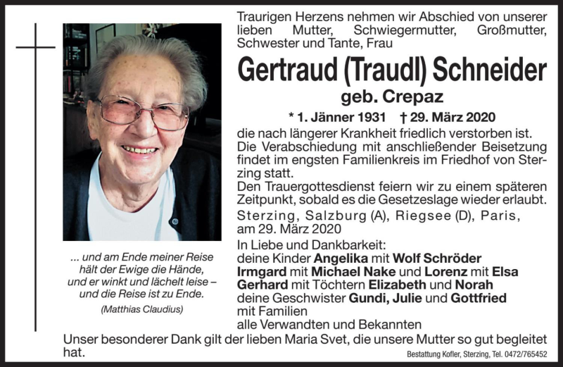  Traueranzeige für Gertraud Schneider vom 31.03.2020 aus Dolomiten