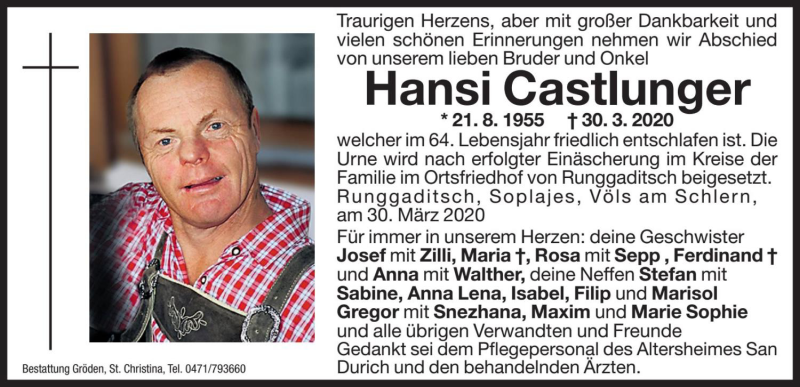  Traueranzeige für Hansi Castlunger vom 31.03.2020 aus Dolomiten