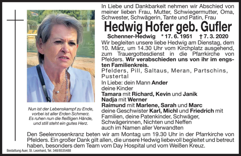  Traueranzeige für Hedwig Hofer vom 09.03.2020 aus Dolomiten