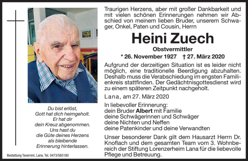  Traueranzeige für Heini Zuech vom 30.03.2020 aus Dolomiten