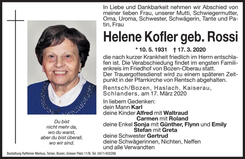  Traueranzeige für Helene Kofler vom 18.03.2020 aus Dolomiten