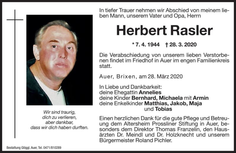  Traueranzeige für Herbert Rasler vom 30.03.2020 aus Dolomiten