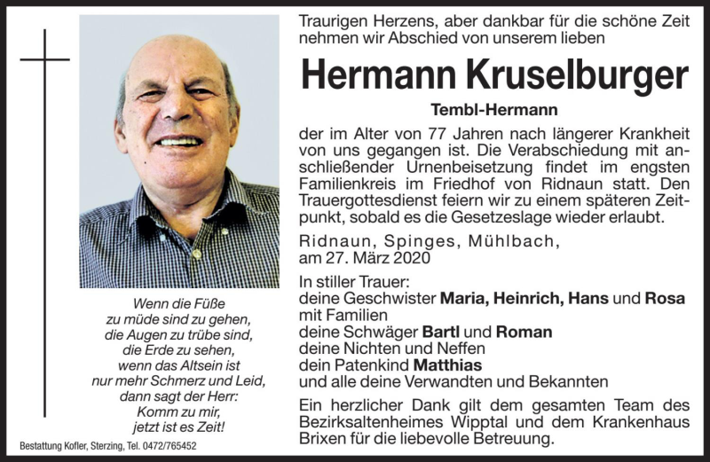  Traueranzeige für Hermann Kruselburger vom 30.03.2020 aus Dolomiten