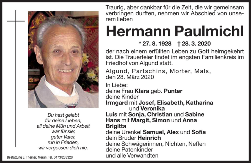  Traueranzeige für Hermann Paulmichl vom 30.03.2020 aus Dolomiten