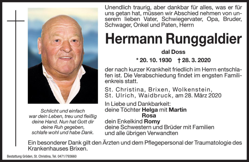  Traueranzeige für Hermann Runggaldier vom 30.03.2020 aus Dolomiten