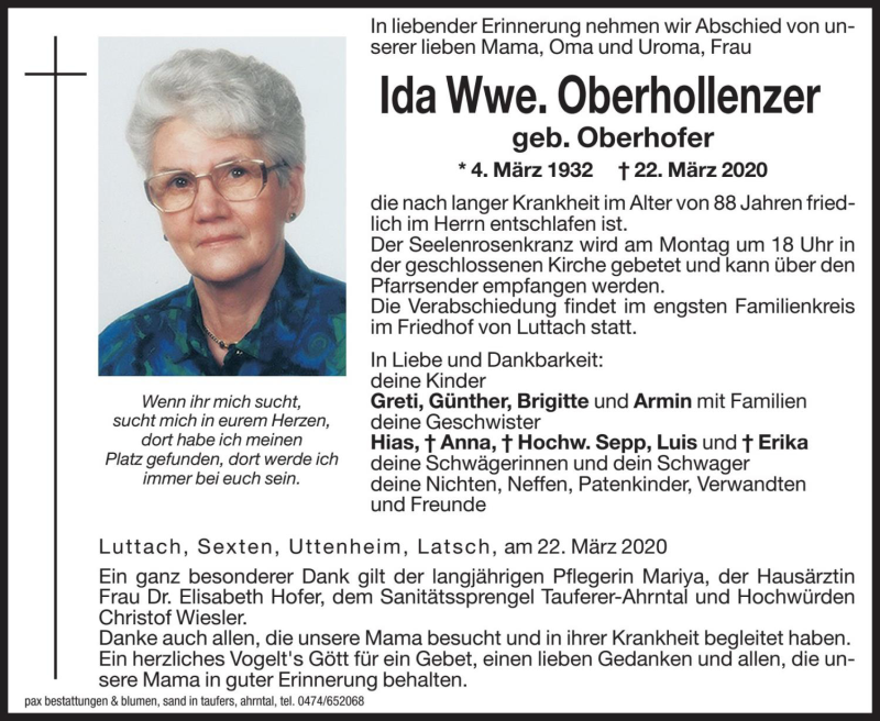  Traueranzeige für Ida Oberhollenzer vom 23.03.2020 aus Dolomiten