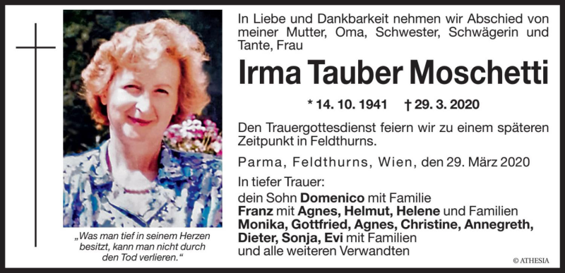  Traueranzeige für Irma Moschetti  vom 30.03.2020 aus Dolomiten