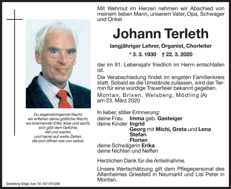  Traueranzeige für Johann Terleth vom 24.03.2020 aus Dolomiten