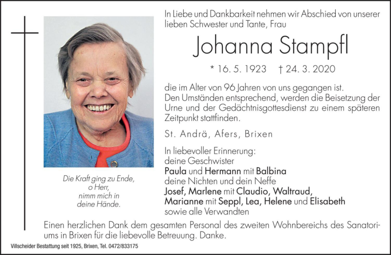  Traueranzeige für Johanna Stampfl vom 26.03.2020 aus Dolomiten