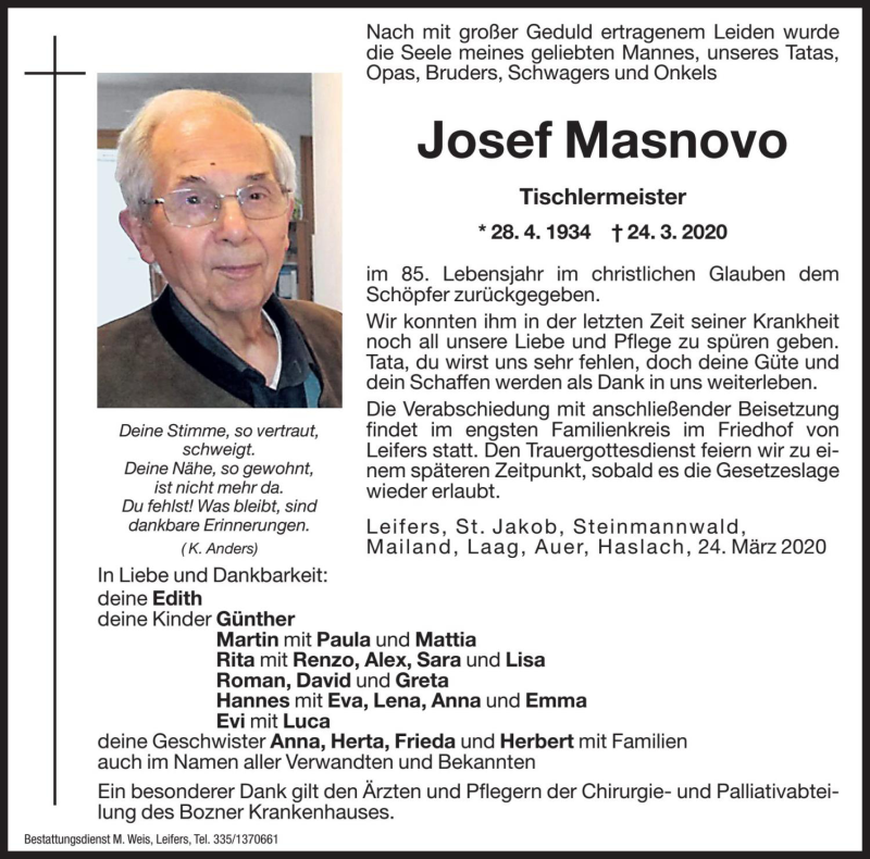  Traueranzeige für Josef Masnovo  vom 26.03.2020 aus Dolomiten