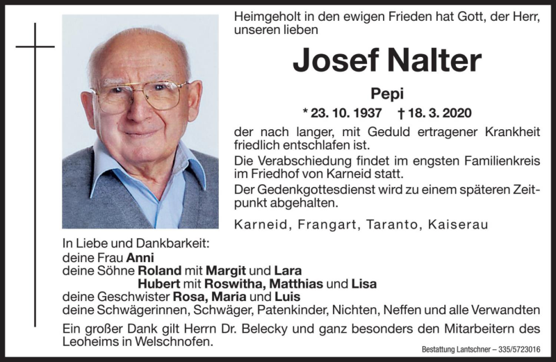 Traueranzeige für Josef Nalter vom 19.03.2020 aus Dolomiten