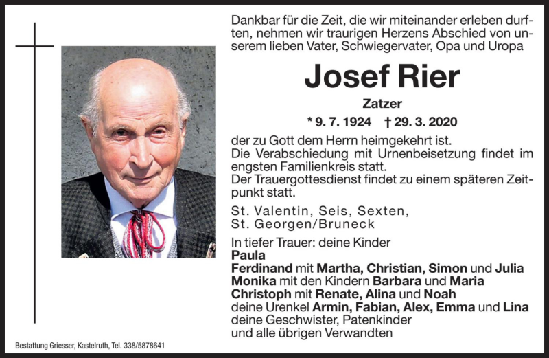  Traueranzeige für Josef Rier vom 30.03.2020 aus Dolomiten