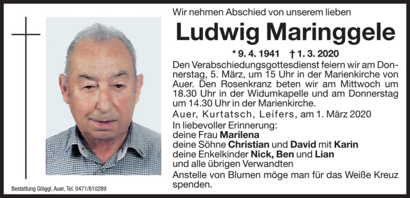  Traueranzeige für Ludwig Maringgele vom 03.03.2020 aus Dolomiten