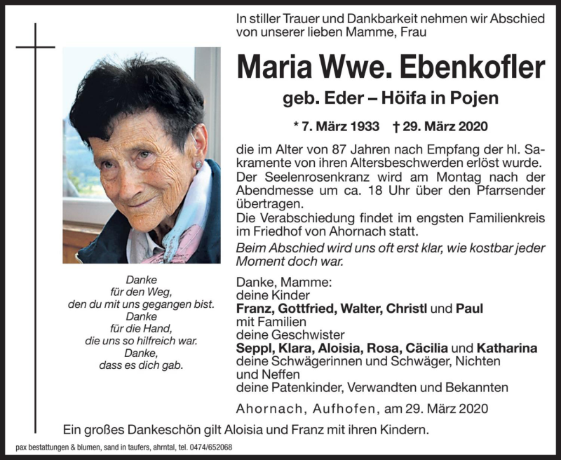  Traueranzeige für Maria Ebenkofler vom 31.03.2020 aus Dolomiten