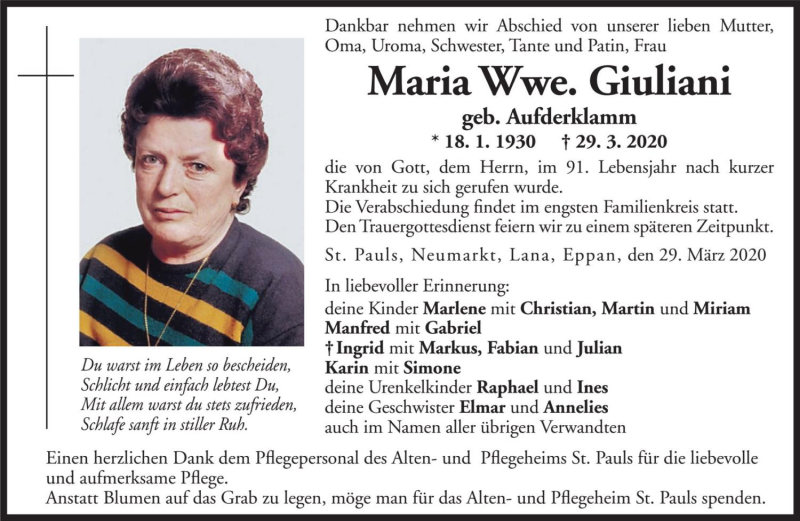  Traueranzeige für Maria Giuliani vom 30.03.2020 aus Dolomiten