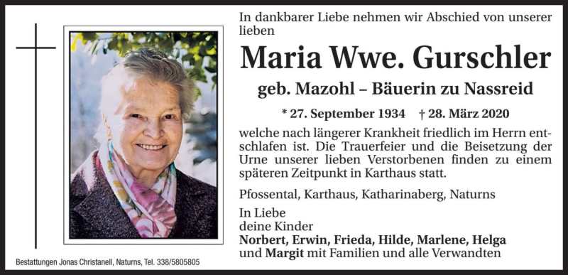  Traueranzeige für Maria Gurschler vom 30.03.2020 aus Dolomiten