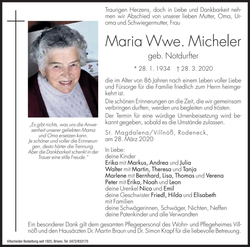  Traueranzeige für Maria Micheler vom 30.03.2020 aus Dolomiten